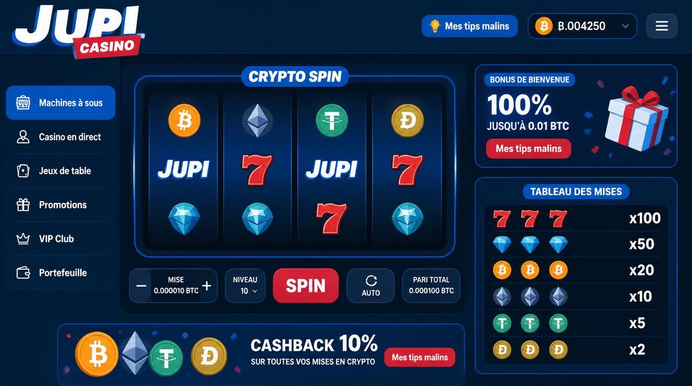 Interface casino montrant roulette crypto, mises et bonus