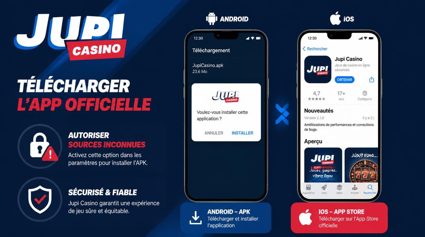 Interface montrant tĂ©lĂ©chargement sĂ©curisĂ© de lâapplication Jupi via Android/iOS en France
