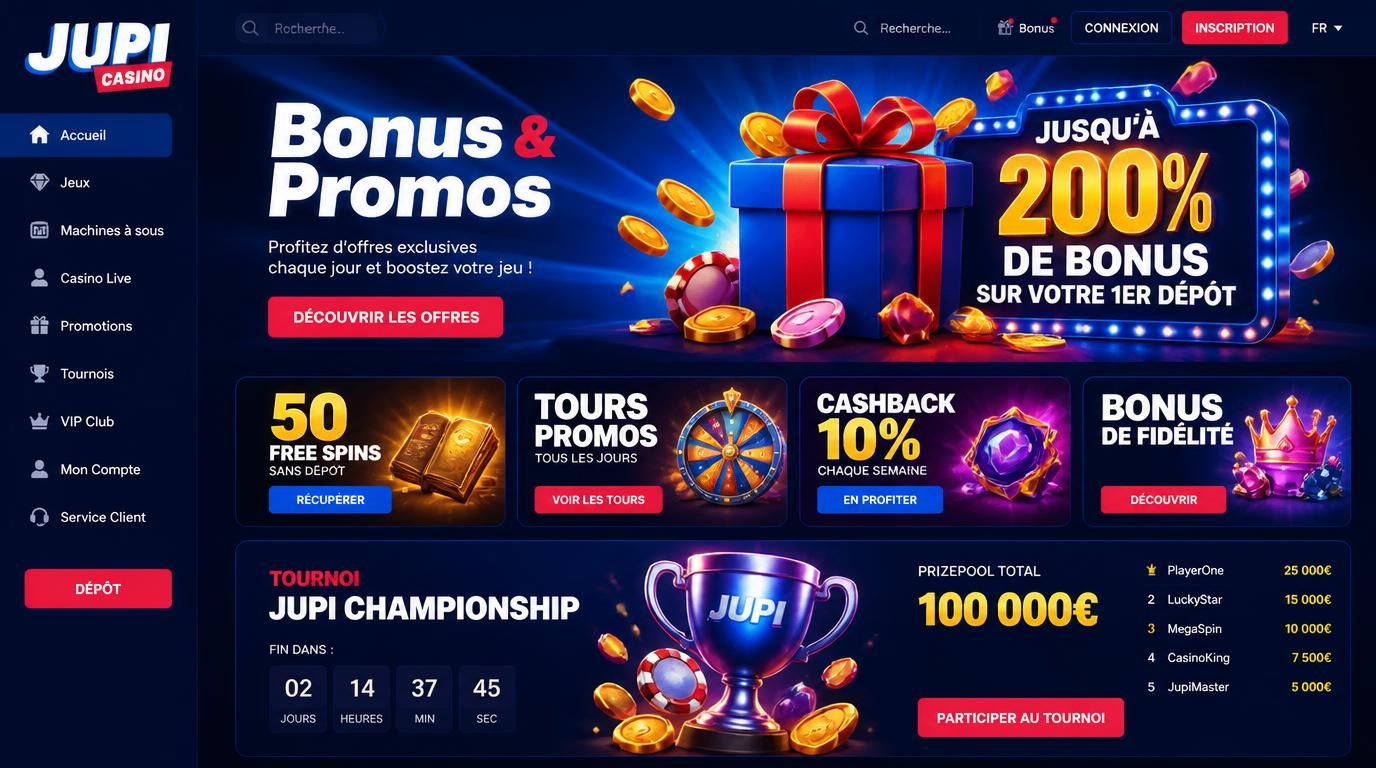 Image illustrant les promotions et bonus attrayants de Jupi Casino