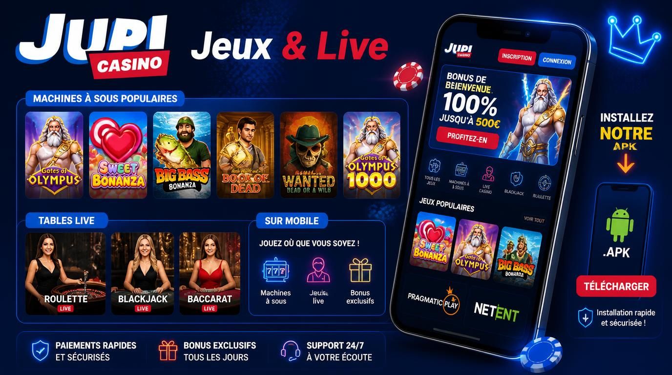 Image illustrant catalogue jeux, live, compatibilité mobile sur Jupi Casino