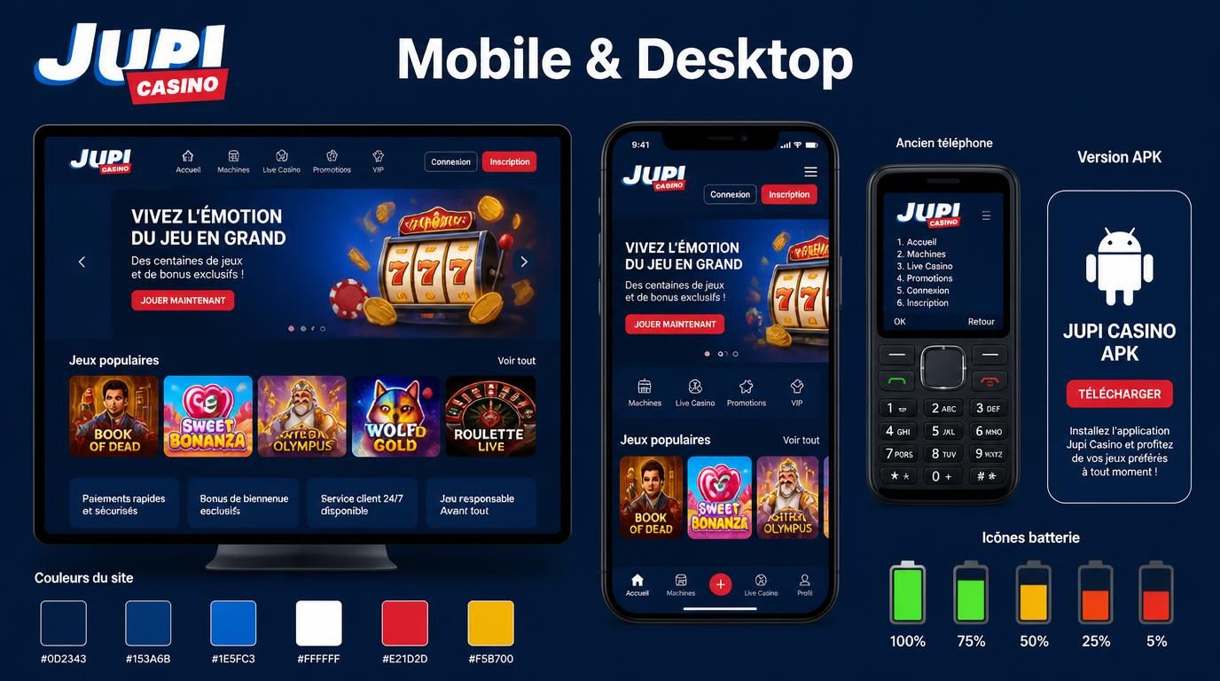 Image montrant la transition visuelle entre desktop et mobile pour Jupi Casino
