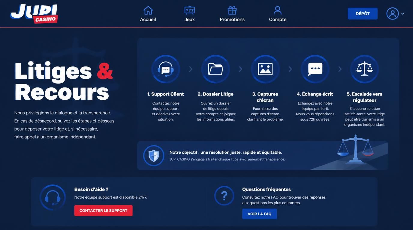 Image illustrant comment gérer un litige auprès de Jupi Casino